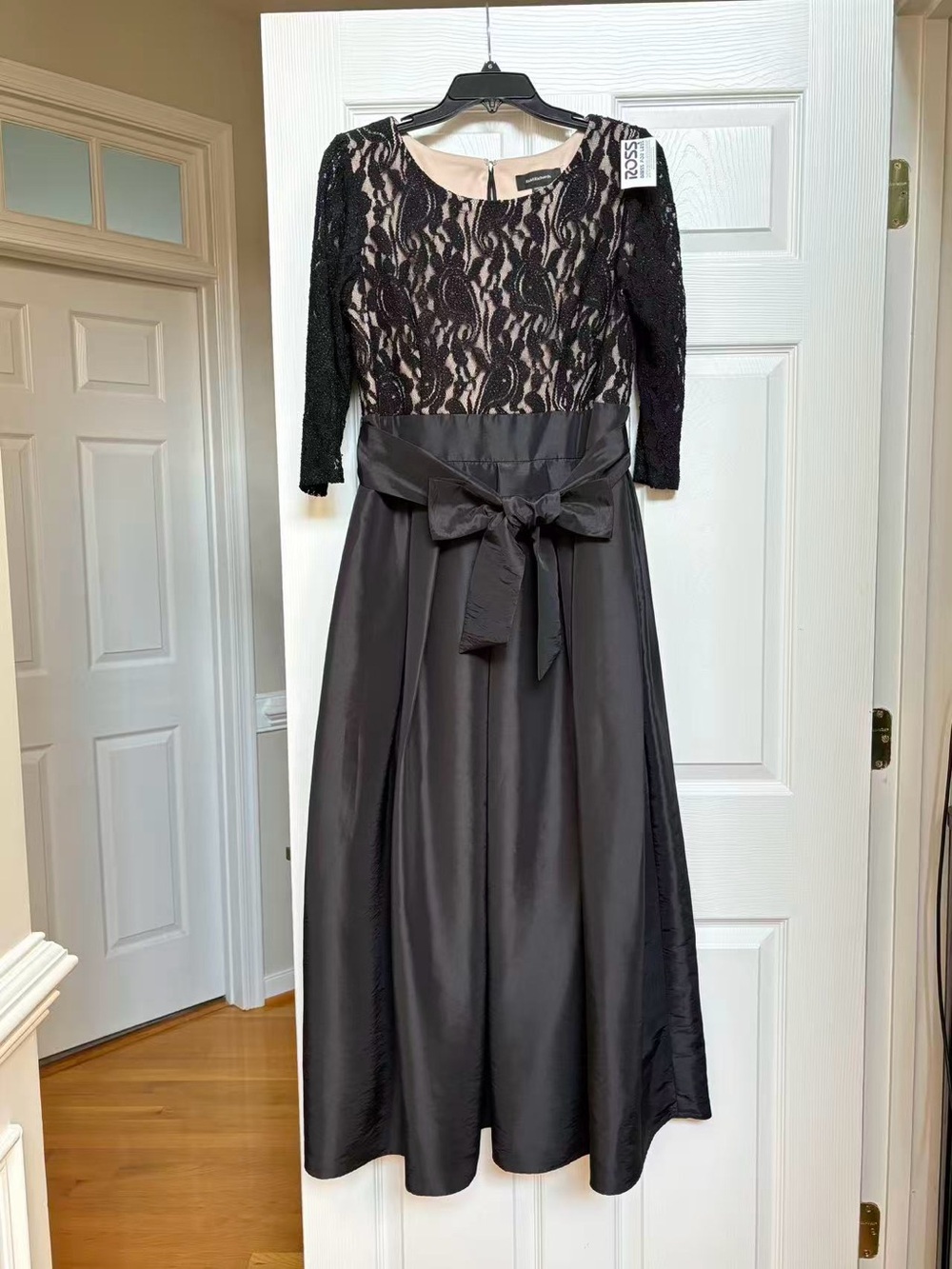 R&M Richards Black Lace Bodice Black Satin Skirt Evening Gown with Bow